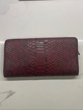 Coach Cranberry Snake-Embossed Zip-Around Exotic Skinny Wallet with Silver Logo